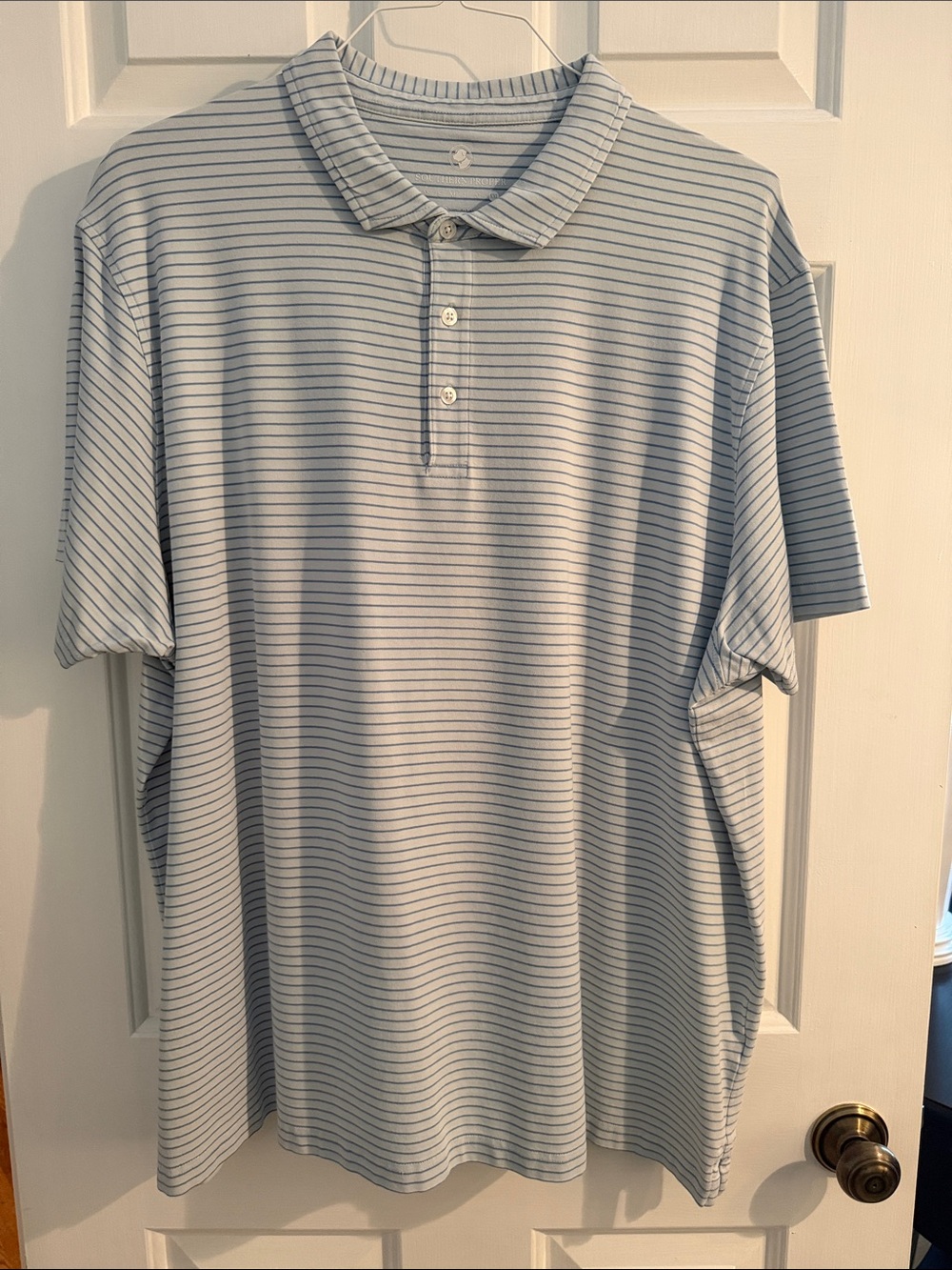 Southern Proper Men's Short-Sleeve Polo Shirt in Light Blue Stripe